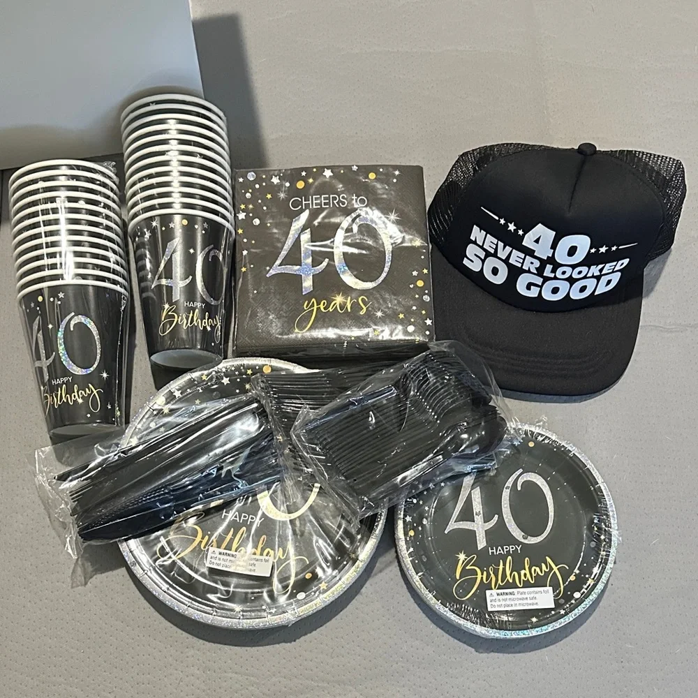 40th Birthday Party Supplies Set - Black and Gold